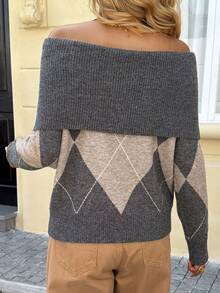 Livesso Damen Lässiger Off-Shoulder Karomuster Pullover, Herbst/Winter