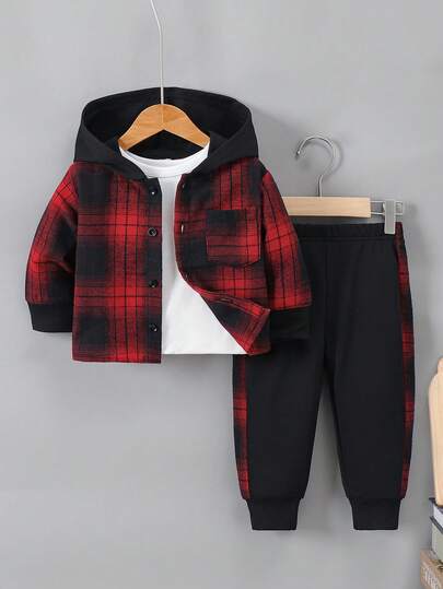 婴幼儿男童休闲格纹印花拼布纽扣连帽衬衫和运动裤