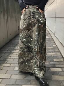 FRIFUL Chân váy ngắn denim in họa tiết graffiti phối màu tương phản, dáng rộng, thời trang nữ. - màu xanh lá - Xem 4