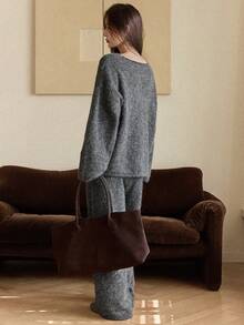 Dazy-Less 2pcs Women's Loose Business Casual Elegant Gray Design Crew Neck Knit Sweater And Pants Set, Autumn/Winter Long Sleeve Tops - Grey - View 3