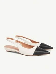 CUCCOO CHICEST 女士新款方扣尖头低跟平底休闲鞋，酒红色漆皮一脚蹬平底鞋，工作和通勤穿着舒适 - 白色 - 查看 2