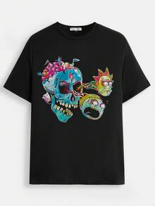 Rick and Morty X SHEIN Men's Casual Funny Cartoon Print Black Short Sleeve T-Shirt, Summer - Black - View 4