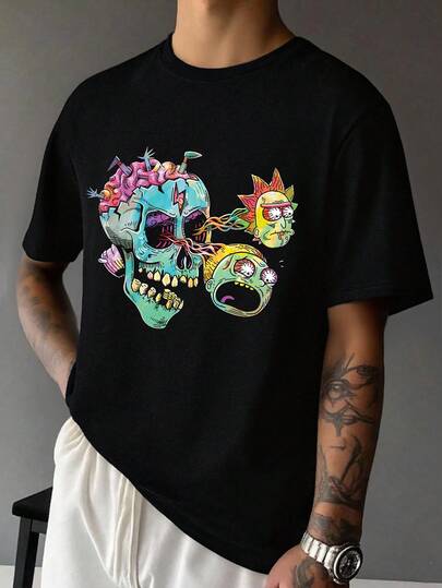Rick and Morty X SHEIN Men's Casual Funny Cartoon Print Black Short Sleeve T-Shirt, Summer