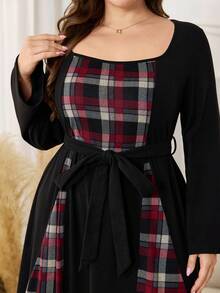 Lacomfia Plus Size Women Casual Knit Patchwork Plaid Waist Belt Dress