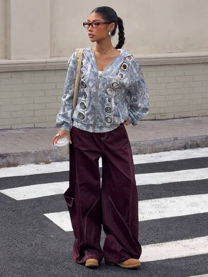 Muchica Printed Knit Hooded Women's Metal Eyelet Zip-Up Long Sleeve Sweatshirt