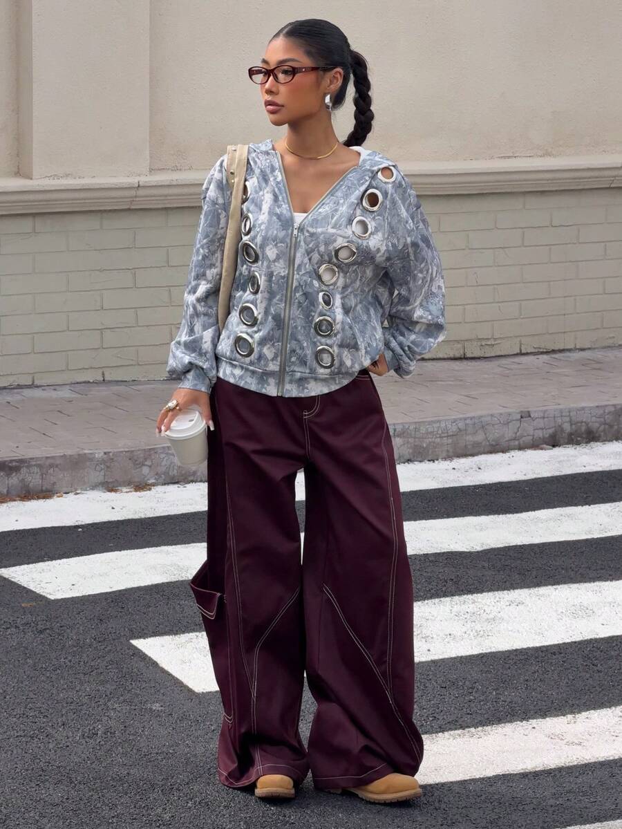 Muchica 印花针织连帽女式金属孔眼拉链长袖卫衣 - 彩色 - 查看 1