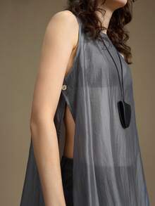 Ontre Women's Round Neck Sleeveless Semi-Sheer Blouse, Side Button Long Top, Suitable For Urban Commute, Business, Casual, Christmas, New Year Party