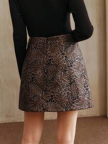 Anewsta Falda mini acampanada elegante con estampado de leopardo texturizado y reflectante, elegante y sofisticada, para mujeres en otoño - Café integral - Ver 3