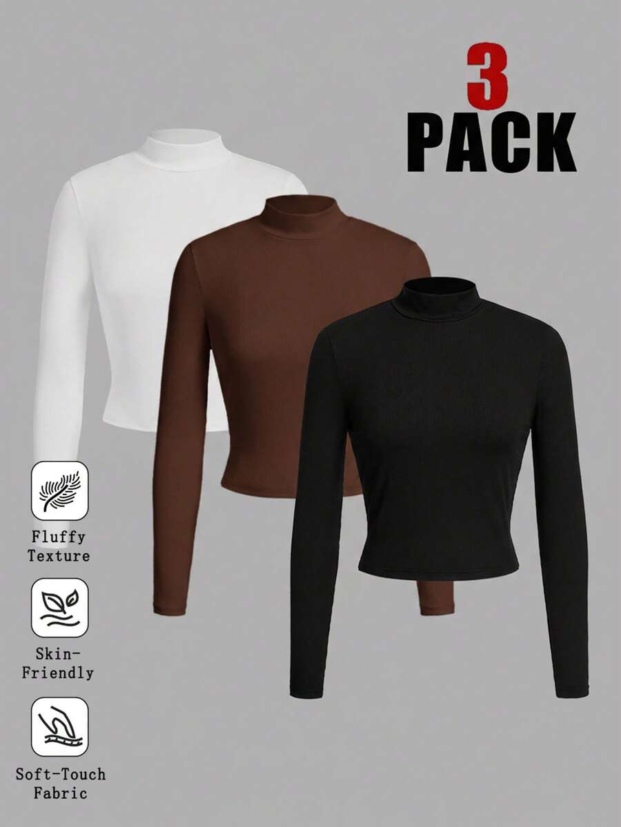 SHEIN EZwear 3pcs/Set Women Casual Mock Neck Slim Fit Long Sleeve T-Shirt Set, Suitable For Autumn/Winter, Layering, Versatile - Multicolor - View 1