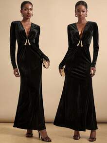 Vesra Deep V-Neck Straight Shoulder Long Sleeve Fishtail Dress, Luxurious High-End Evening Gown With Metal Buckle Decor For Women - Multicolor - View 1