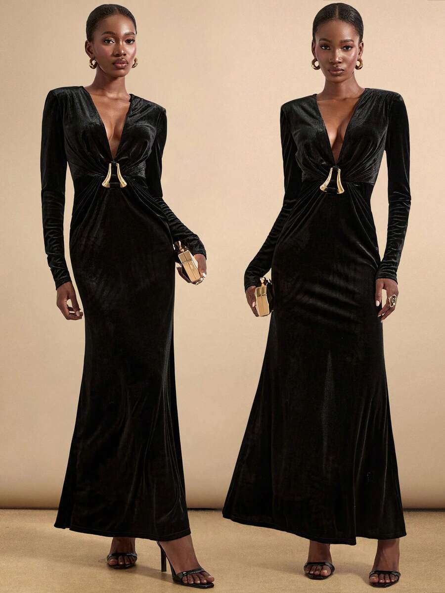 Vesra Deep V-Neck Straight Shoulder Long Sleeve Fishtail Dress, Luxurious High-End Evening Gown With Metal Buckle Decor For Women - Multicolor - View 1