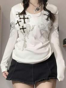 INAWLY 女式大码休闲复古十字印花白色长袖T恤秋季布料 - 白色 - 查看 1