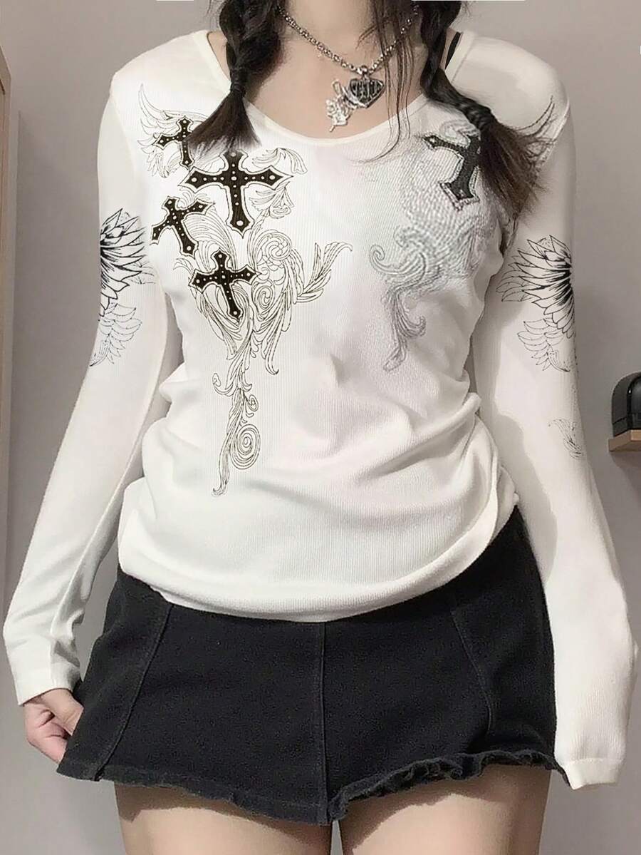 INAWLY 女式大码休闲复古十字印花白色长袖T恤秋季布料 - 白色 - 查看 1