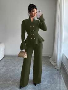 Elenzga Bộ 2 món: Áo khoác cardigan cổ đứng tay loe thắt eo thanh lịch dành cho người đi làm thường ngày màu xanh lam & áo len dệt kim ống đứng, Thu/Đông - màu xanh lá - Xem 4