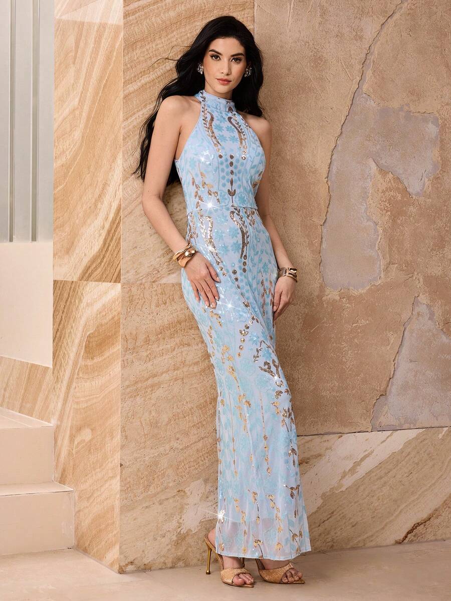 Modelyn 优雅串珠刺绣女士奢华修身连衣裙 - 淺藍色 - 查看 1