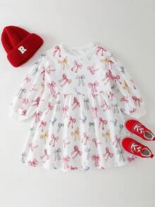 THE HAPPY LOOK Young Girl Bow Knit Soft Round Neck Long Sleeve Waist Cinched Dress - Multicolor - View 6