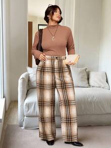 Flirla Plus Size Women Elegant Khaki Plaid Slant Pocket Straight Leg Pants, Autumn/Winter Plaid Pants Pattern Pants Western Pants Checkered Pants - Khaki - View 6