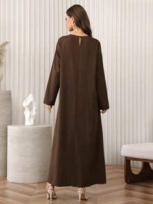 Al Najma Women's Vintage Casual Daily Wear Round Neck Long Sleeve Maxi Arabian Dress - Brown - View 2