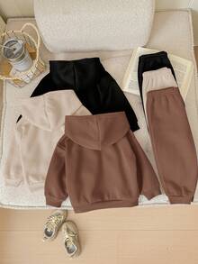 SHEIN 6件套女婴可爱纯色爱心图案连帽卫衣和松紧腰裤，秋冬季 - 彩色 - 查看 2