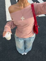 Muchica Women's Striped Off Shoulder Slim Fit T-Shirt Valentine's Day