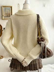 Lalippa Plus Size Women Casual Everyday Commute Simple Solid Color Lapel Collar Drop Shoulder Loose Double-Breasted Cardigan, Autumn/Winter - Apricot - View 2