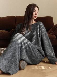 Dazy-Less 2pcs Women's Loose Business Casual Elegant Gray Design Crew Neck Knit Sweater And Pants Set, Autumn/Winter Long Sleeve Tops - Grey - View 6