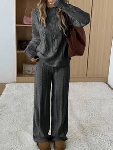 SHEIN EZwear 女士休闲纯色针织毛衣裤套装，秋冬款 - 深灰色 - 查看 4