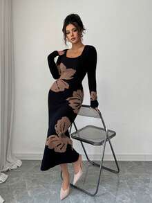 Elenzga Gaun Sweater Bodycon Rajut Jacquard Leher Persegi - Chocolate Brown - View 4