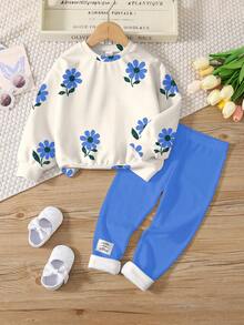 SHEIN Leap Crew 2pcs/Set Tween Girls Casual Vintage Floral Print Crew Neck Long Sleeve Sweatshirt And Leggings Set, Suitable For Autumn/Winter - Multicolor - View 3
