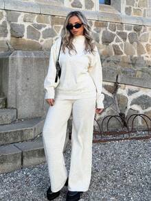 Jeta Ari 2pcs Elderly Women Casual Comfortable Loose Knit Sweater And High Waist Elastic Pants Set, Autumn/Winter, Fall And Winter, Casual, White, Longsleeve,Women's Fall Clothes - Apricot - View 5