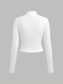 SHEIN Teen Girl Knight Print Long Sleeve Zip Collar Fitted T-Shirt - Black and White - View 7