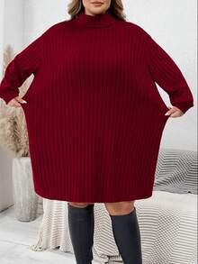 SHEIN CURVE+ 大码休闲简约高领罗纹拉绒红色毛衣裙，适合休闲装和圣诞节 - 酒紅色 - 查看 6