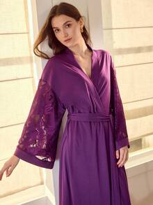 MOTF PREMIUM ELEGANT CONTRAST LACE CAMI DRESS & ROBE PAJAMA SET - Purple - View 6