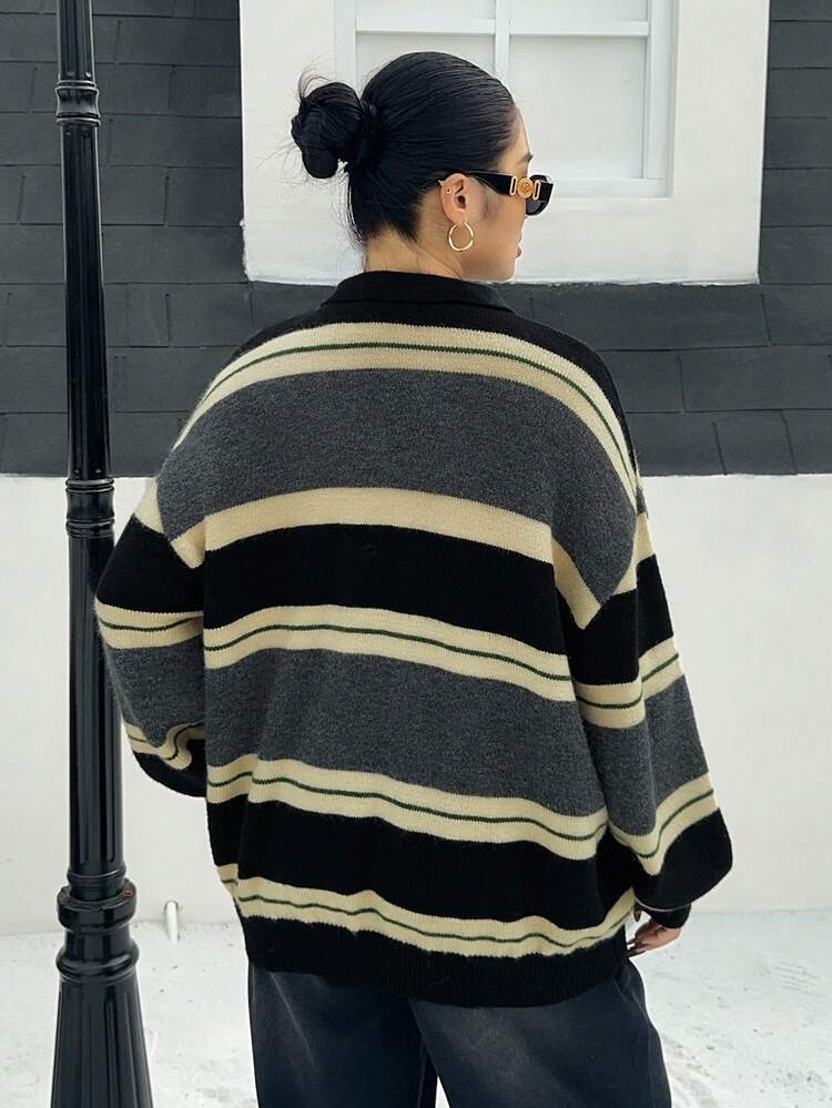 Dazy Plus Fashionable Color Block Polo Collar Loose Fit Plus Size Women Casual Pullover Sweater, Autumn/Winter