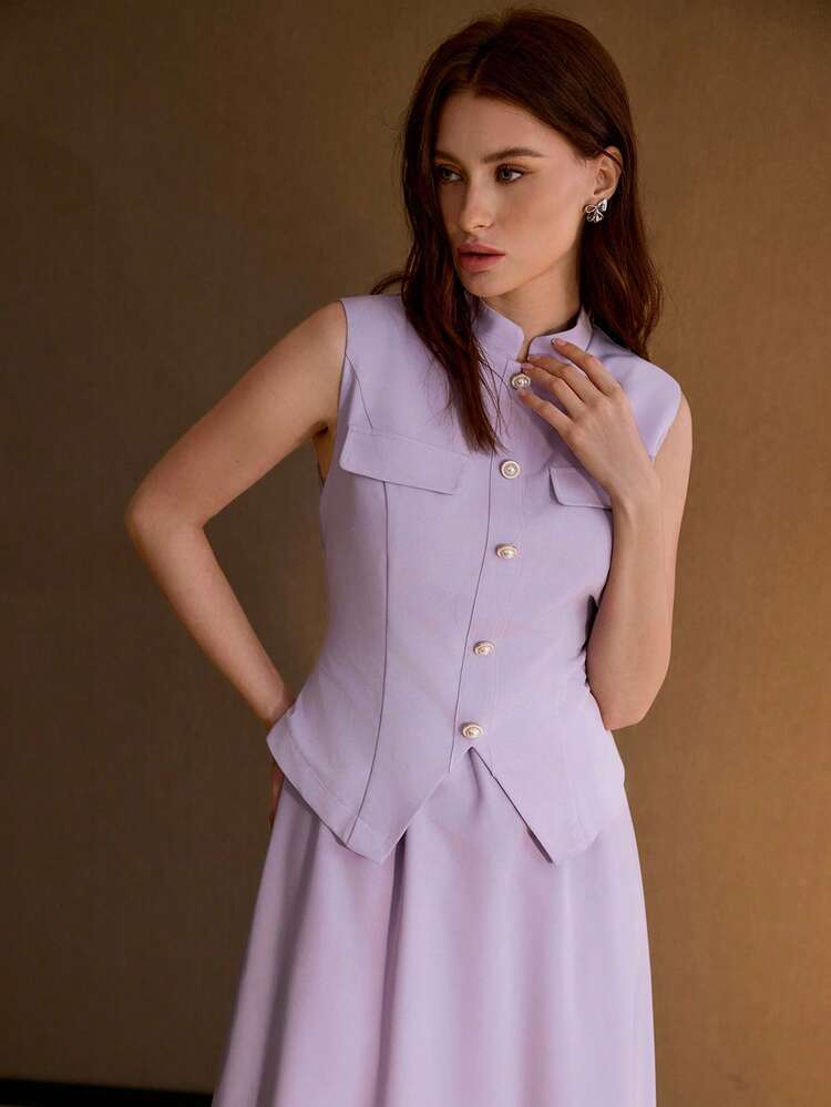 WOMEN BUTTON DECOR SLEEVELESS DRESS