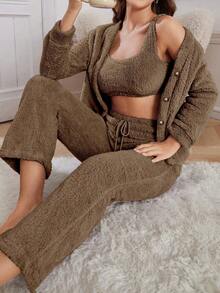 SHEIN 3件套女士休闲毛绒纯色背心、裤子和上衣套装，秋冬季蓬松舒适套装，女士休闲两件套家居服套装 - 棕色 - 查看 3