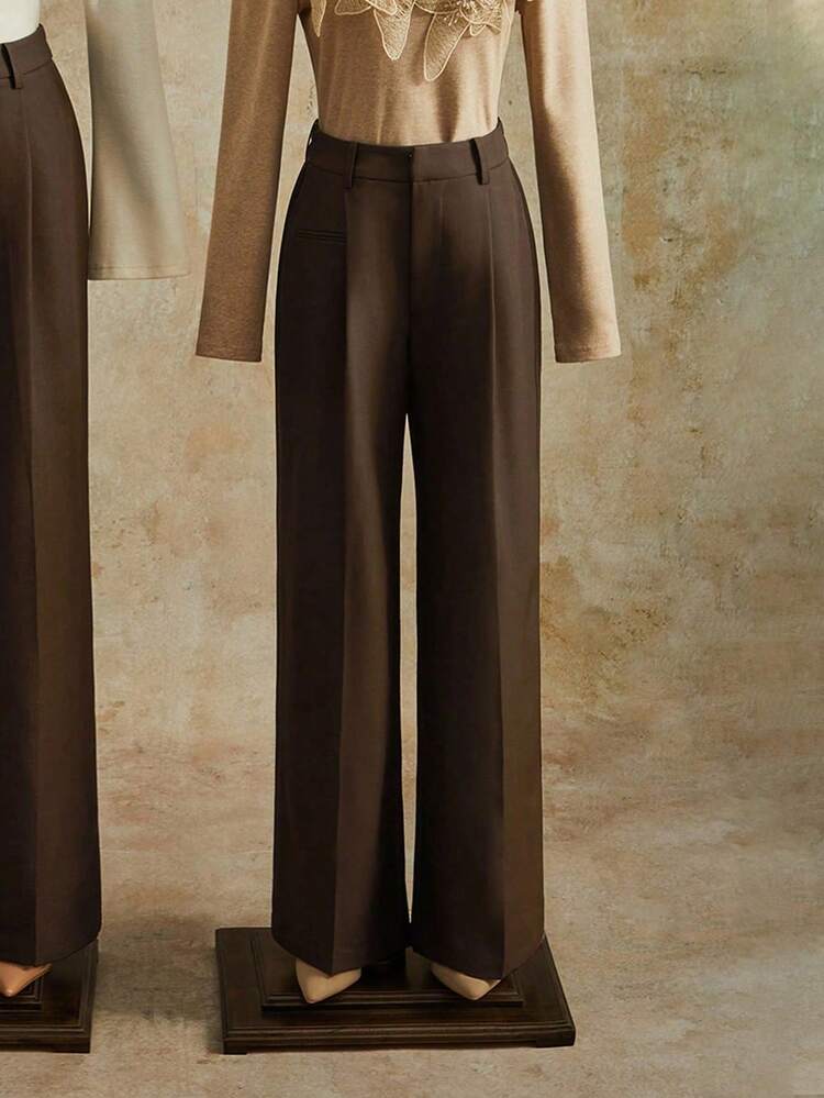 Elegant High-Waisted Design Pocket 's Straight Leg Pants, Solid Color Trousers, Suitable For Petite, Fall, Winter, Summer, Spring, New Year, Party, Wedding, Elegant, Chic, Stylish, Business Casual