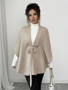 SHEIN PETITE Fashionable Casual Date High-End Poncho Shawl Versatile Unique Elegant Women Cardigan Sweater, Autumn/Winter - Khaki - View 5