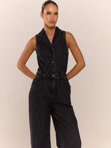 MUSERA 无袖纽扣收腰阔腿牛仔连体裤，酷女孩街头风日常休闲秋冬款 - 黑色 - 查看 2