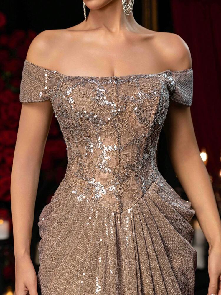 Glamrae Elegant Brown Luxurious Sequin Lace Patchwork Off-Shoulder Mermaid Hem Adjustable Tie Dress, Suitable For Dates, Vacations, Singles Parties, Weddings, Formal Occasions, Valentine's Day - Brown - View 5