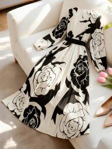 Franclia 大码女士优雅泡泡袖收腰A字连衣裙，春秋季印花连衣裙，优雅碎花连衣裙，女士真丝连衣裙，女士黑白连衣裙，女士中长连衣裙，优雅连衣裙，女士黑白碎花连衣裙，长袖连衣裙，印花连衣裙，围巾连衣裙 - 彩色 - 查看 2