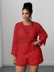 Maweii Elegant Red Lace Floral Plus-Size Blouse,Perfect For Summer,Party,Spring,Autumn,New Year,Christmas Holiday Wear&Valentine's Day Events - Red - View 4
