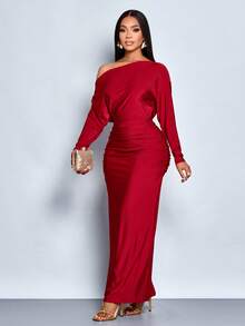 SOLERSUN Đầm ôm body tay dài cổ lệch thanh lịch dành cho nữ, thích hợp cho tiệc Giáng sinh, nghỉ dưỡng và hẹn hò - Màu Đỏ Sâu - Xem 7
