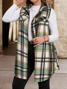 SHEIN Clasi Áo khoác len không tay kẻ caro thanh lịch cỡ lớn cho nữ, áo khoác công sở thời trang cho mùa thu/đông - Nhiều màu - Xem 4
