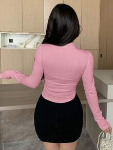 DAZY 女士纹理条纹长袖T恤，镂空心形图案，粉色，适合秋冬季节，Y2K情人节 - 粉色 - 查看 3