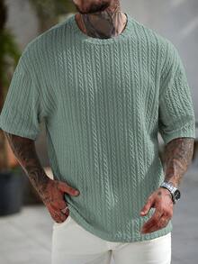 Manfinity CasualCool 男士休闲纯色纹理短袖T恤，夏季男士针织上衣针织衫男士休闲上衣男士时尚上衣 - 綠色 - 查看 4
