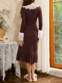 Côtesoire 法式优雅浪漫蕾丝荷叶边长袖上衣和裤子罗纹针织女士睡衣套装，适合秋冬季穿着 - 咖啡棕 - 查看 2