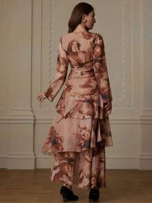 GENKIRA New Arrival Spring/Summer Floral Chiffon Print Multi-Layer Sexy Flared Dress - Orange - View 2
