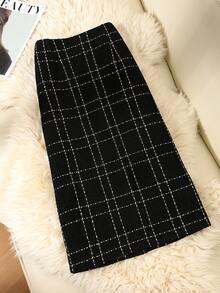 GlowEve 黑色高腰格纹粗花呢优雅A字裙，女士款 - 黑色 - 查看 2