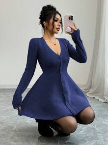 Selianne Women's Solid Color Minimalist Casual Long Sleeve Cardigan Sweater - Royal Blue - View 5